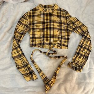 Yellow Plaid Long Sleeve Crop Top